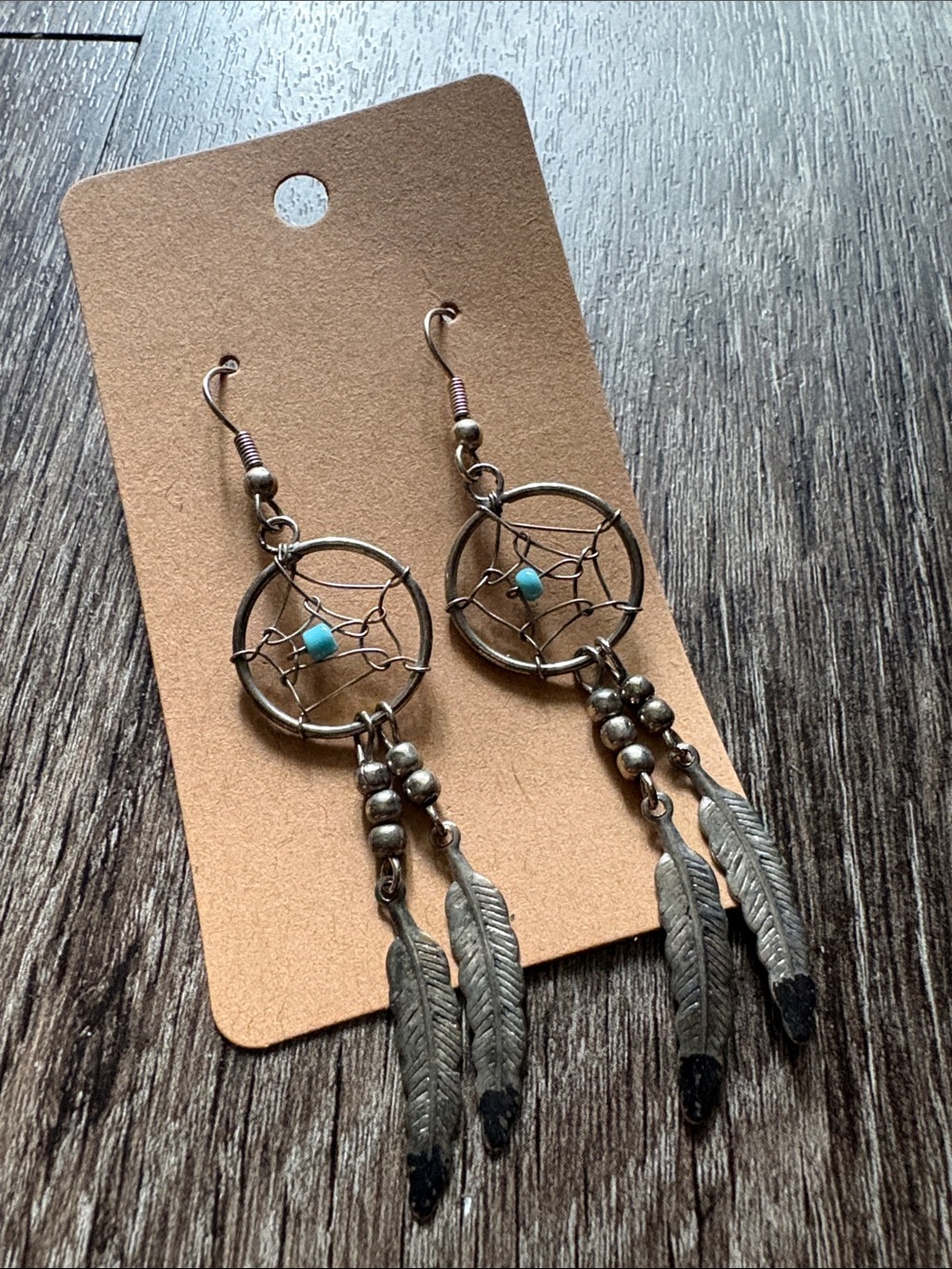 Handmade Dreamcatcher Feather Drop Earrings in Turquoise